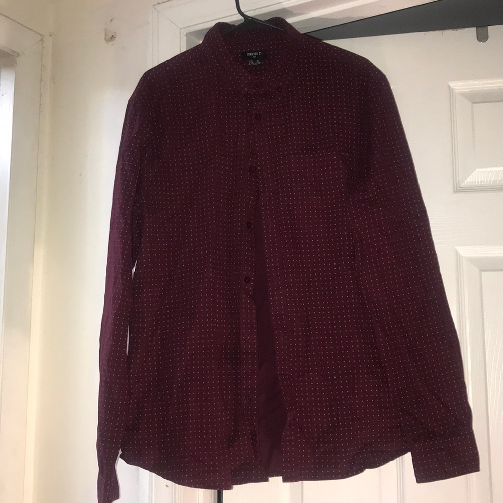 Red and white button down shirt.
